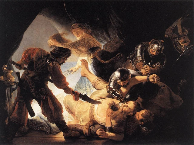 de blindmaking van Simson geschilderd door Rembrandt