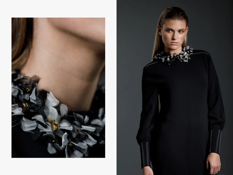 fashion portret van model Rianne in een zwarte jurk met een broderie d'art kraagje