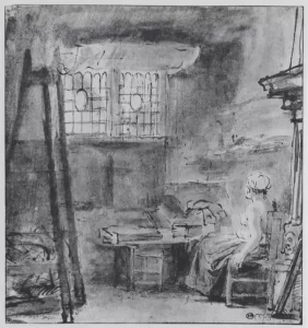 tekening van het atelier van Rembrandt